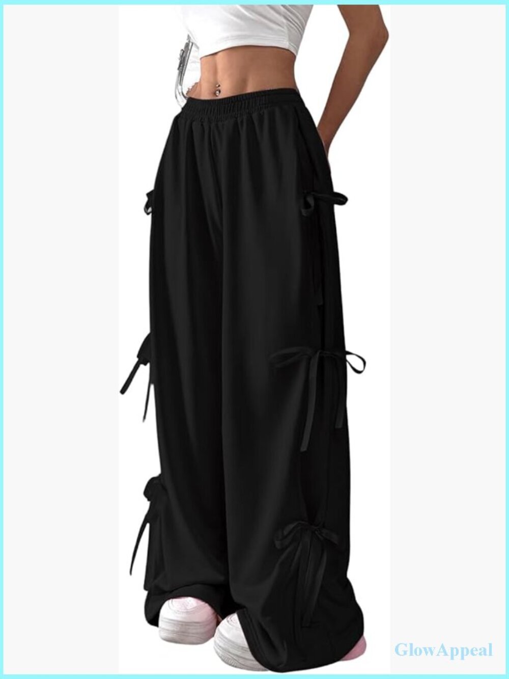 Wide Leg Sweatpants Elastic Waist Bow Detail Casual Active Pants with Pockets